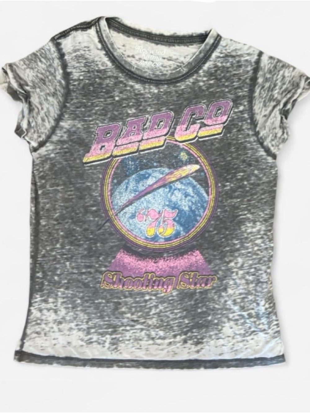 Recycled Karma Charcoal Graphic Short Sleeve Tee with Pink, Yellow & Blue Print